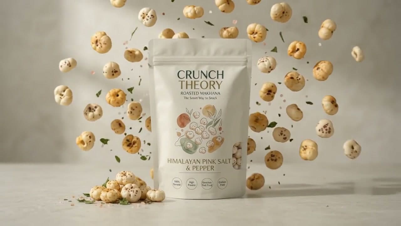 Roasted makhana bursting around a Crunch Theory pouch