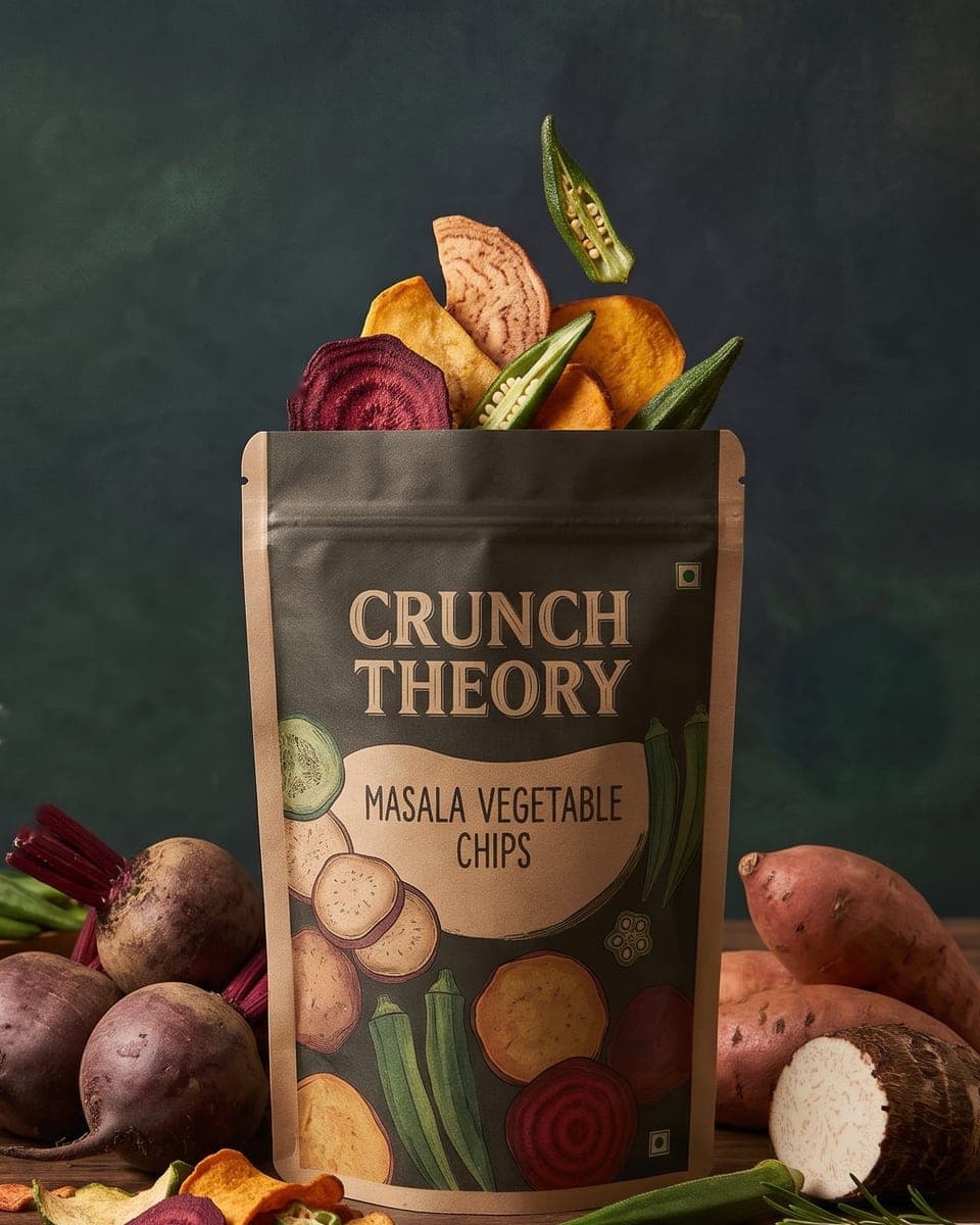 Crunch Theory Masala Vegetable Chips pouch with sweet potato, beetroot and okra chips