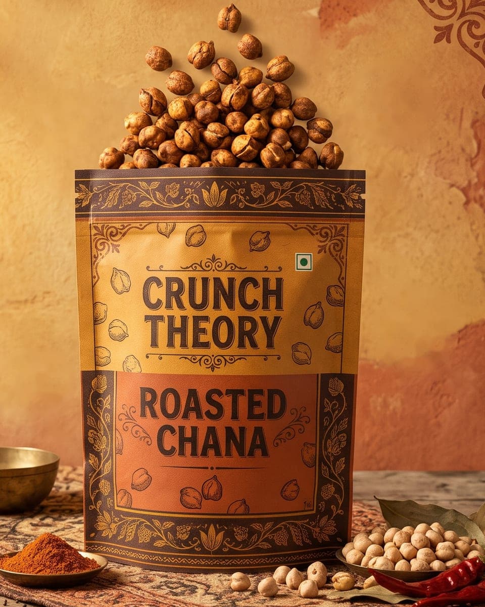 Crunch Theory Roasted Chana pouch overflowing with roasted chickpeas